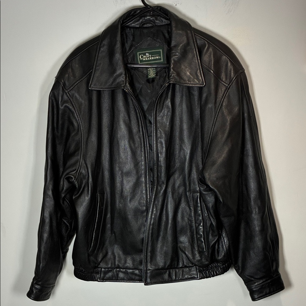 Croft & Barrow Black Genuine Leather Bomber Jacket Mens L vintage
